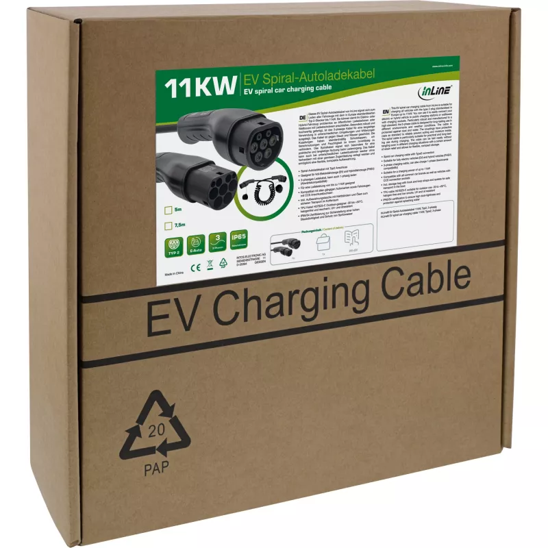 InLine EV spiralinis automobilio įkrovimo kabelis 11kW Type2, 3 fazės, 5m