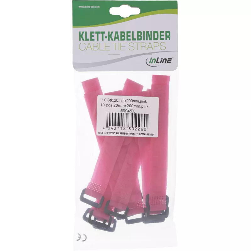 InLine® Lipnūs kabelių raiščiai 20 x 200 mm, 10 vnt., rožiniai