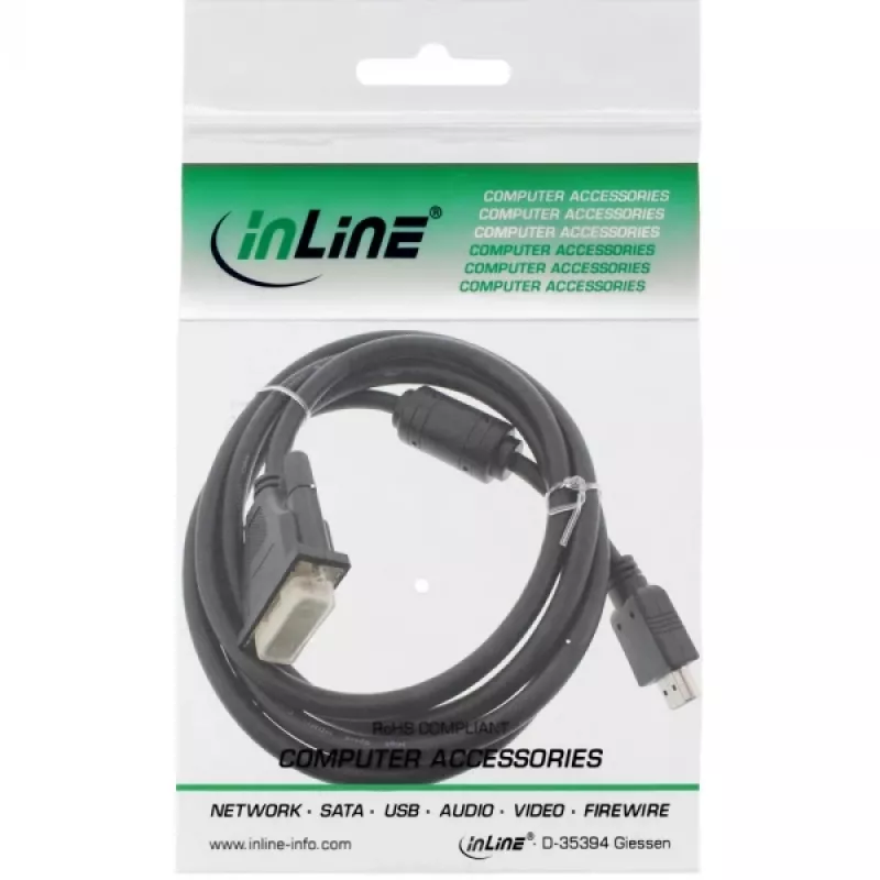 InLine HDMI-DVI laidas 19 kontaktų kištukas / 18+1 kištukas su ferito žiedu juodas 1,8 m