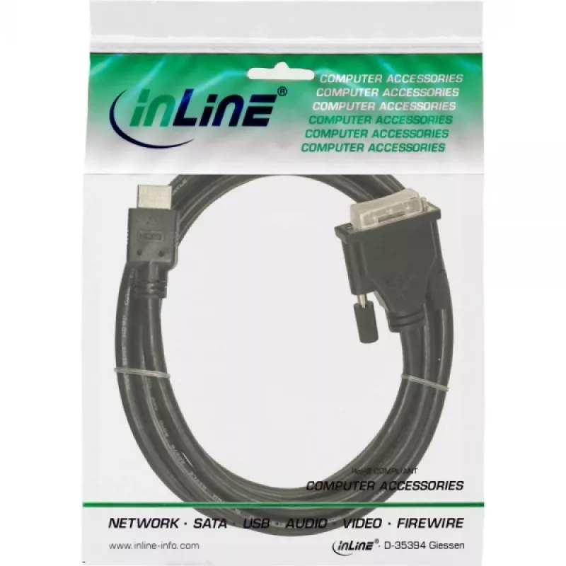 InLine HDMI-DVI laidas 19 kaiščių / 18+1 kaištis + ferito žiedas juodas 5 m