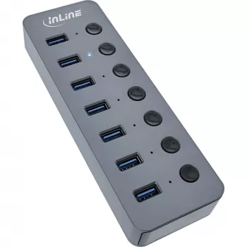 InLine USB 3.2 Gen.1 7 prievadų šakotuvas su jungikliais, aliuminis, pilkas, su maitinimo šaltiniu
