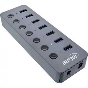 InLine USB 3.2 Gen.1 7 prievadų šakotuvas su jungikliais, aliuminis, pilkas, su maitinimo šaltiniu