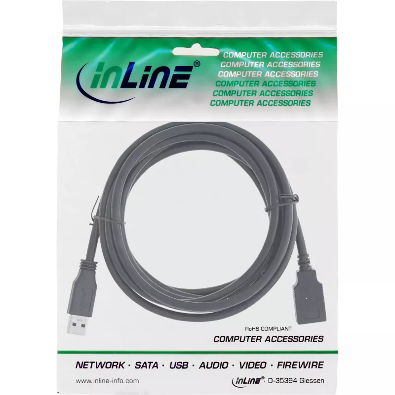 InLine USB 3.2 Gen.1 ilginimo laidas, USB A (vyriškas) / USB A (moteriškas), juodas, 5 m