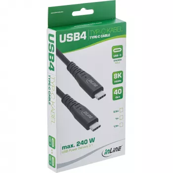 InLine USB4 laidas, USB-C kištukas/kištukas, PD 240W, 8K60Hz, TPE juodas 0,5 m
