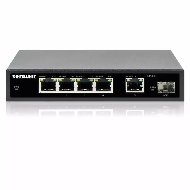 Intellinet 5 prievadų Gigabit Ethernet PoE+ jungiklis su SFP prievadu, 91 W galios biudžetas