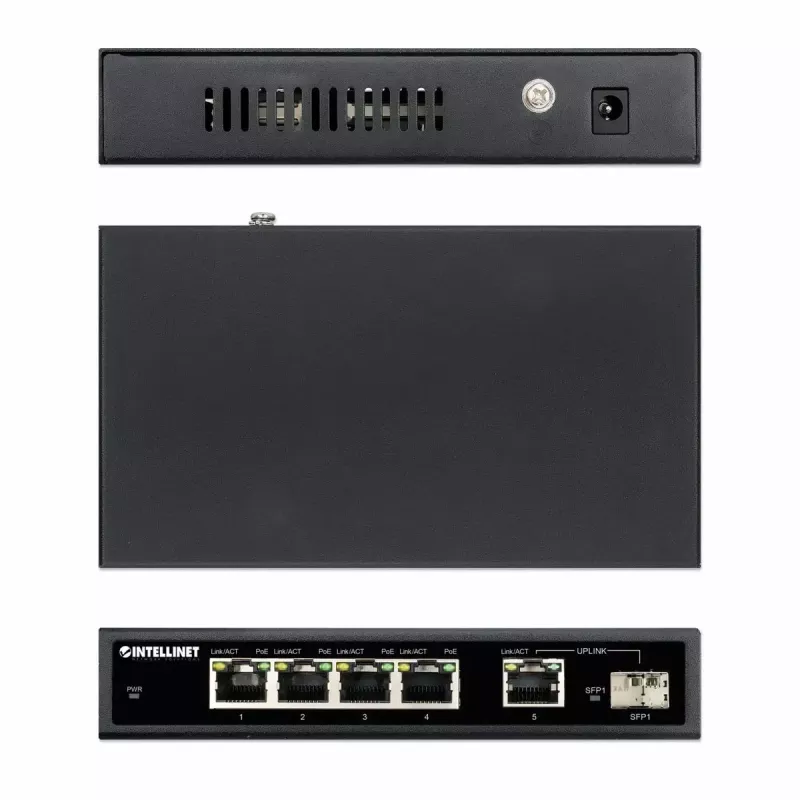 Intellinet 5 prievadų Gigabit Ethernet PoE+ jungiklis su SFP prievadu, 91 W galios biudžetas