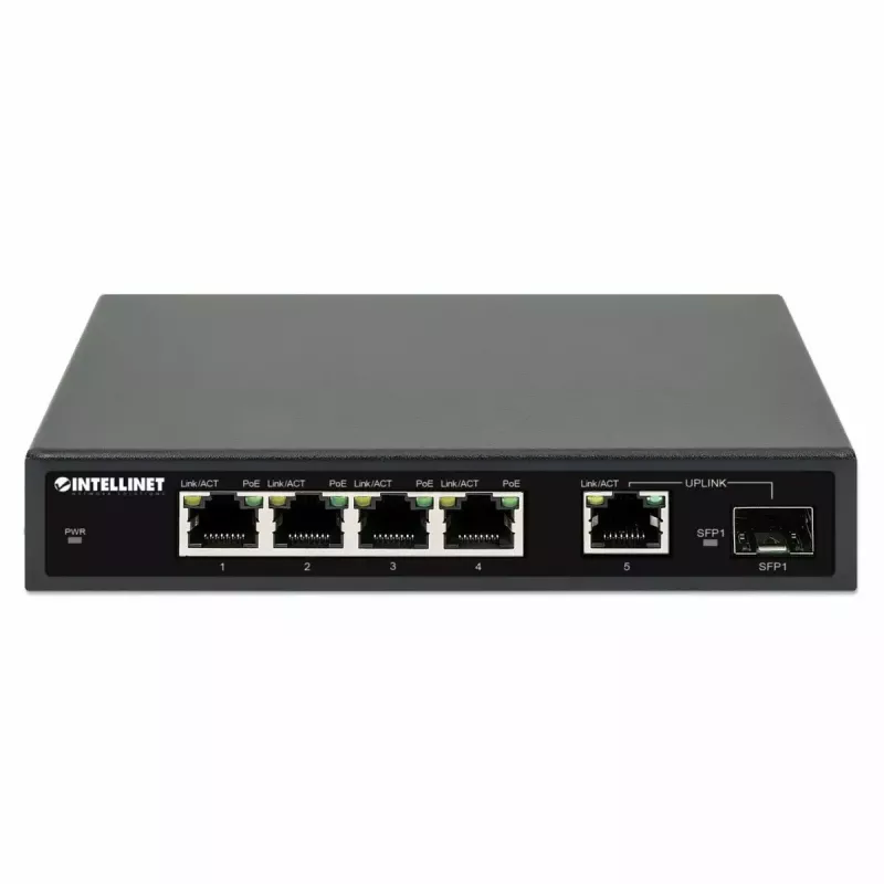 Intellinet 5 prievadų Gigabit Ethernet PoE+ jungiklis su SFP prievadu, 91 W galios biudžetas