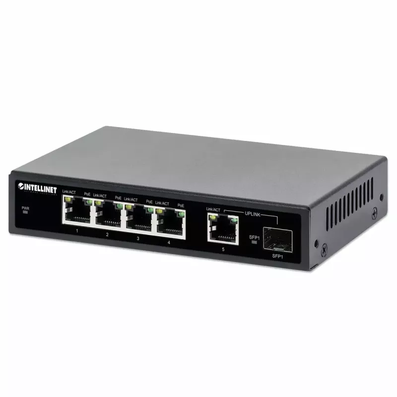 Intellinet 5 prievadų Gigabit Ethernet PoE+ jungiklis su SFP prievadu, 91 W galios biudžetas