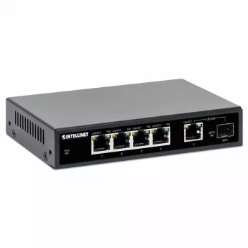 Intellinet 5 prievadų Gigabit Ethernet PoE+ jungiklis su SFP prievadu, 91 W galios biudžetas