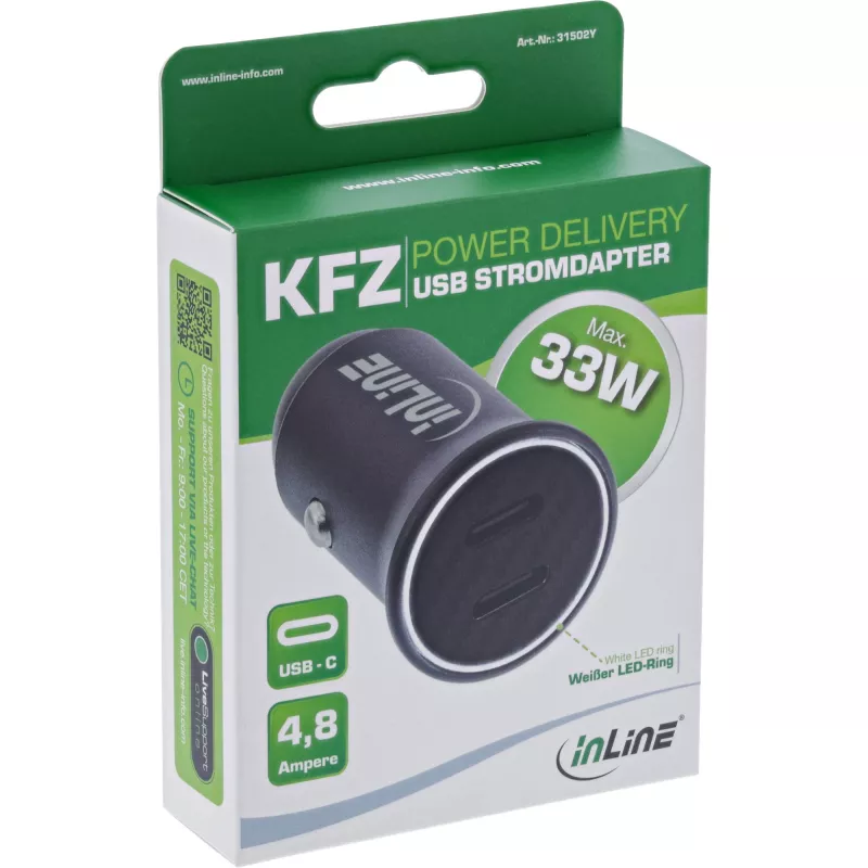 InLine 31502Y automobilinis USB-C įkroviklis su Power Delivery, 2x USB-C, juodas