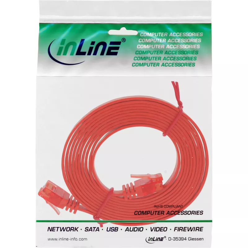 InLine Flat Ultraslim Patch Cable U/UTP Cat.6 Gigabit ready raudonas 0,5 m