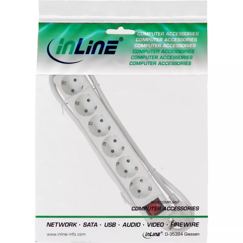 InLine 6-kių lizdų ilgintuvas su apsauginiu kontaktu CEE 7/3, baltas, 3 m