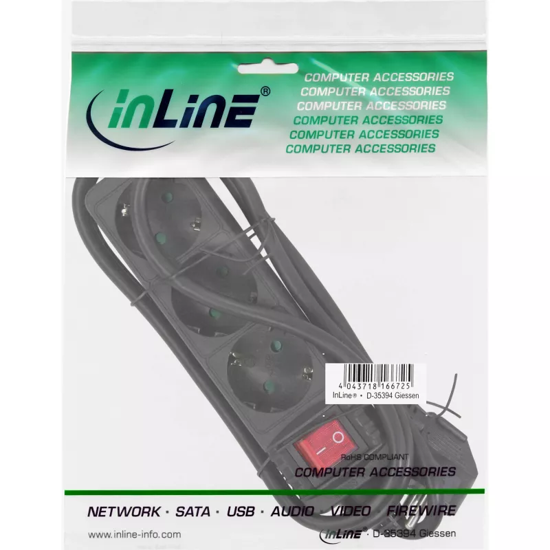 InLine 3-jų lizdų ilgintuvas su jungikliu, juodas, 5 m