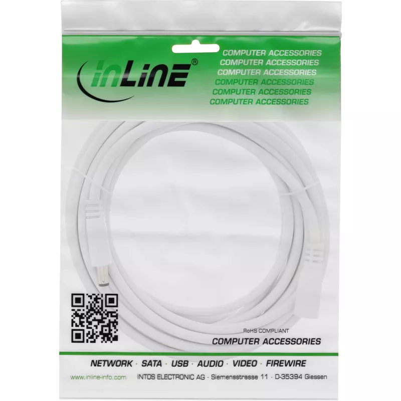 InLine DC ilginimo kabelis, DC kištukas/lizdas 5.5x2.5mm, AWG 18, baltas 5m