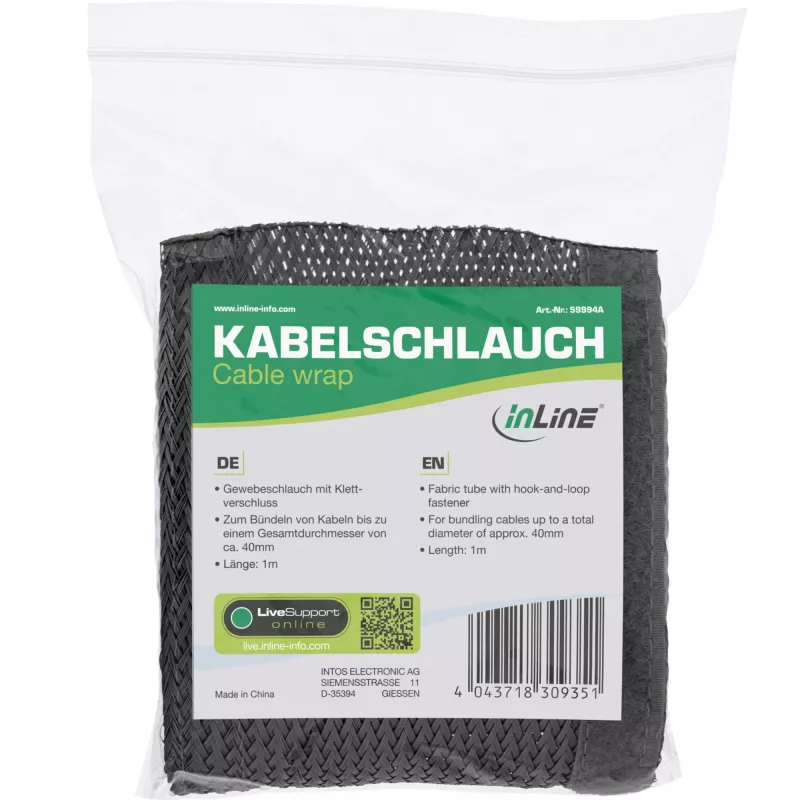 Kabelių kanalas InLine audeklinė žarna su lipduku 1 m × 25 mm, juoda