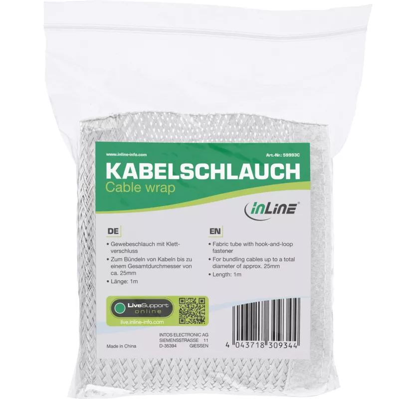 Vamzdinis kabelio gaubtas InLine 1 m × 25 mm, tekstilinis su lipduku, baltas