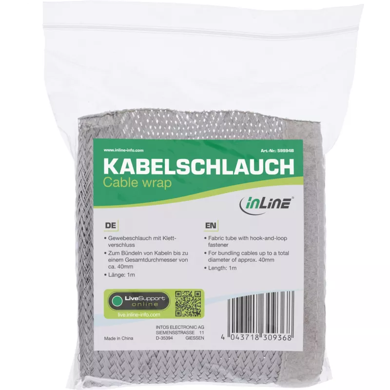 InLine Vamzdelis laidams, audeklinis su lipnia juosta, 1m x 25mm pilkas
