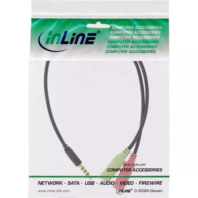 InLine garso ausinių adapterio laidas 3,5 mm kištukas (4 kontaktai) / 2x 3,5 mm lizdai, juodas, 2 m
