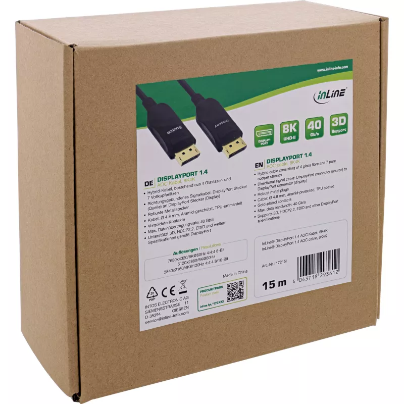 InLine DisplayPort 1.4 AOC laidas, 8K4K, juodas, 15 m