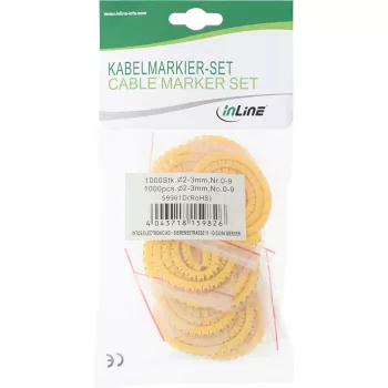 Žymekliai kabeliams InLine 2–3 mm, skaitmenys 0–9, 1000 vnt, geltoni