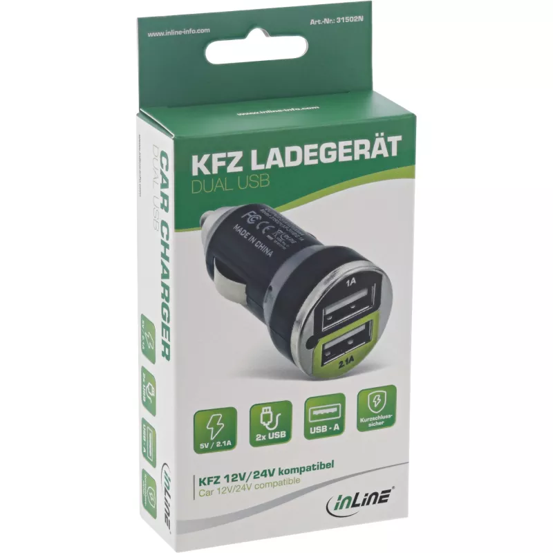 InLine USB automobilinis įkroviklis + maitinimo adapteris bet kokiam USB įrenginiui 12/24V į 5V DC/2.1A