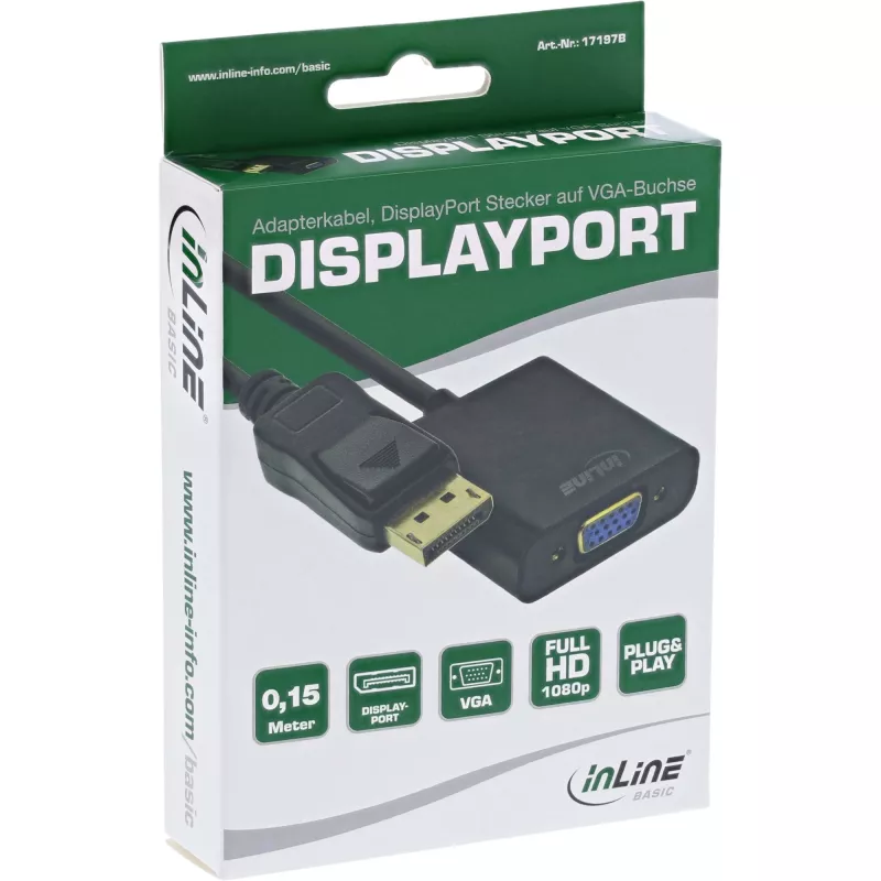 InLine 17197B adapterinis laidas DisplayPort (vyriškas) / VGA (moteriška) juodas 0,15 m
