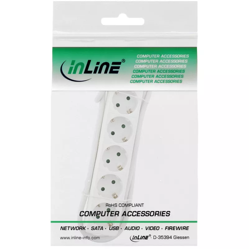 InLine 5-ių lizdų ilgintuvas su įžeminimu, CEE 7/3, baltas, 1,5 m