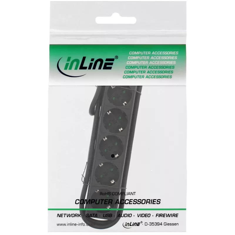 InLine 5-ių lizdų ilgintuvas su įžeminimu CEE 7/3, juodas, 1,5 m