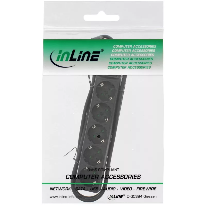 InLine 5-ių lizdų ilgintuvas su įžeminimu CEE 7/3, juodas, 1,5 m