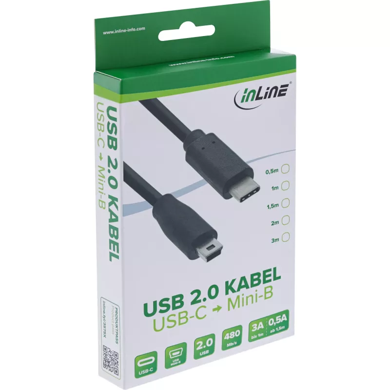 InLine USB 2.0 laidas, USB-C (vyriškas) / mini-B (vyriškas, 5 kontaktų), juodas, 2 m