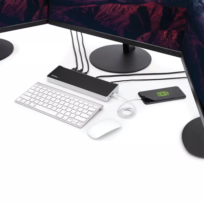 StarTech.com 4K USB-C Dock – Trijų 4K monitorių dokas, Mac & Windows, USB-C į HDMI ir DisplayPort, 60W įkrovimas, 5x USB 5Gbps šakotuvas – TAA