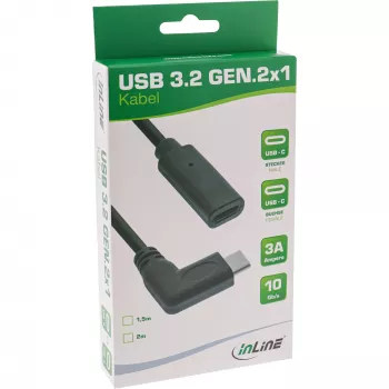USB 3.2 Gen.1x2 ilginamasis kabelis InLine 35784 USB-C kampinis kištukas / lizdas juodas 1,5 m