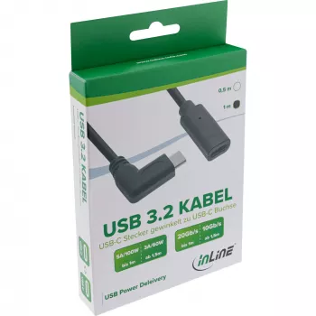 InLine USB 3.2 Gen.2x2 USB-C ilginimo kabelis, kampinis kištukas / lizdas, juodas, 0,5 m