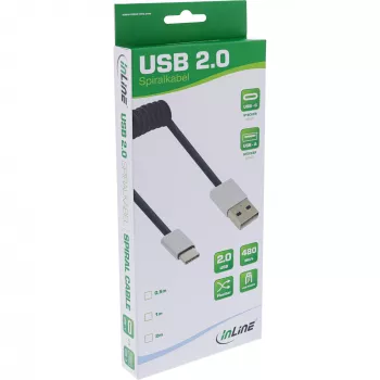 InLine USB 2.0 spiralinis laidas, USB-C kištukas / USB-A kištukas, juodas/aliuminis, lankstus, 0,5 m