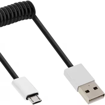 InLine Micro-USB 2.0 spiralinis laidas, A tipo / Micro-B M/M, juodas/alu, lankstus 3 m