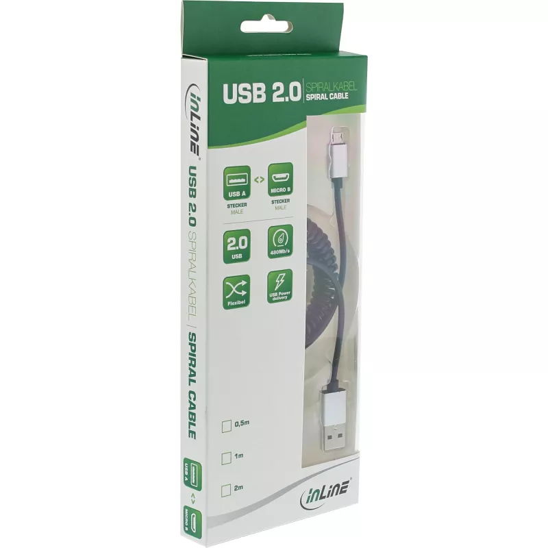 InLine Micro-USB 2.0 spiralinis laidas, A tipo / Micro-B M/M, juodas/alu, lankstus 3 m