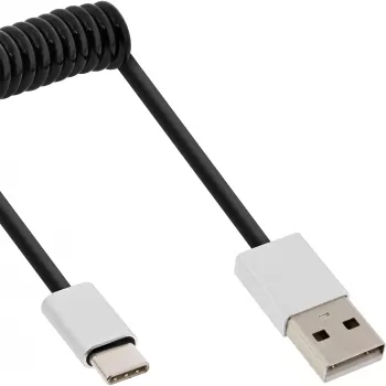 InLine USB 2.0 spiralinis laidas, USB-C kištukas / USB-A kištukas, juodas/aliuminis, lankstus, 1 m