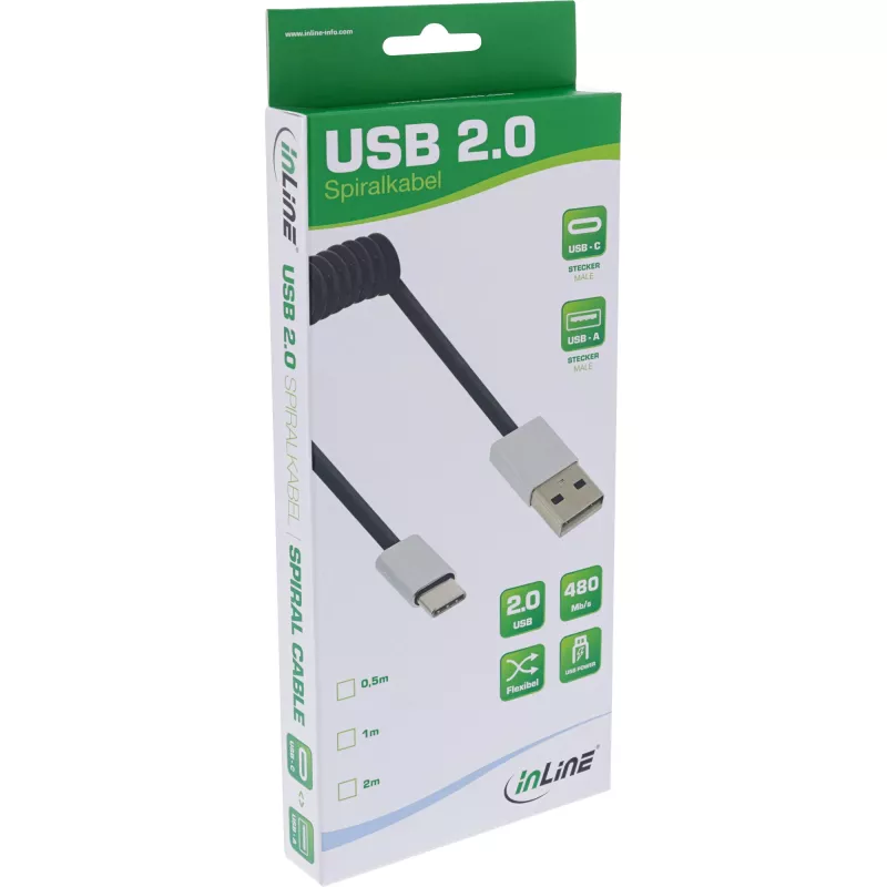 InLine USB 2.0 spiralinis laidas, USB-C kištukas / USB-A kištukas, juodas/aliuminis, lankstus, 1 m