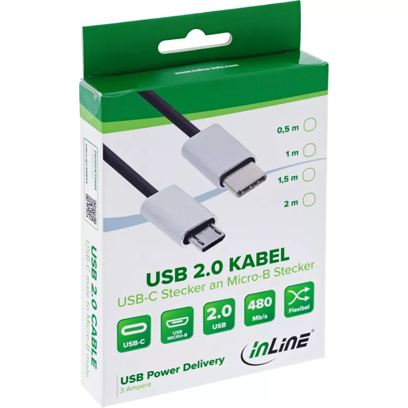 InLine USB 2.0 laidas, USB-C (vyriškas) / Micro-B (vyriškas), juodas/aliuminis, lankstus, 0,5 m
