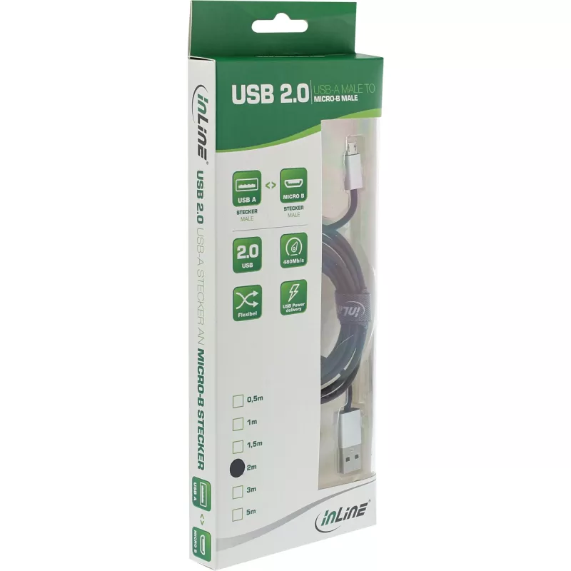 InLine Micro-USB 2.0 laidas, USB A / Micro B (vyras/vyras), juodas/alu, lankstus, 1 m