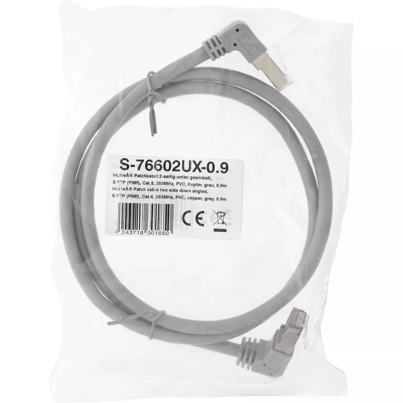 Tinklo kabelis InLine® S-76602U-0.9 kampinis lizdas Cat.6 0,9 m pilkas