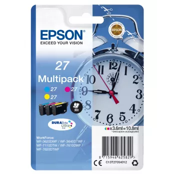 Epson rašalo kasetės multipack 3 spalvų 27 DURABrite Ultra, Cyan, Magenta, Yellow, pigmentinis rašalas, 3,6 ml, 1 vnt., 300 puslapių