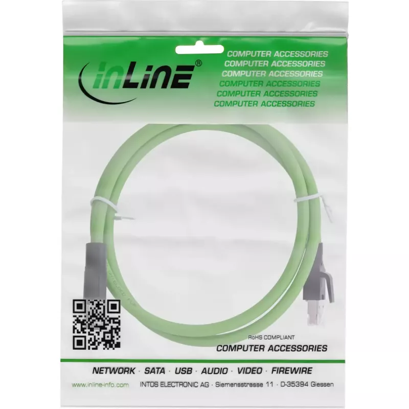 InLine pramoninis tinklo kabelis, M12 4 kontaktų D-koduotas kištukas į RJ45, PUR 5m