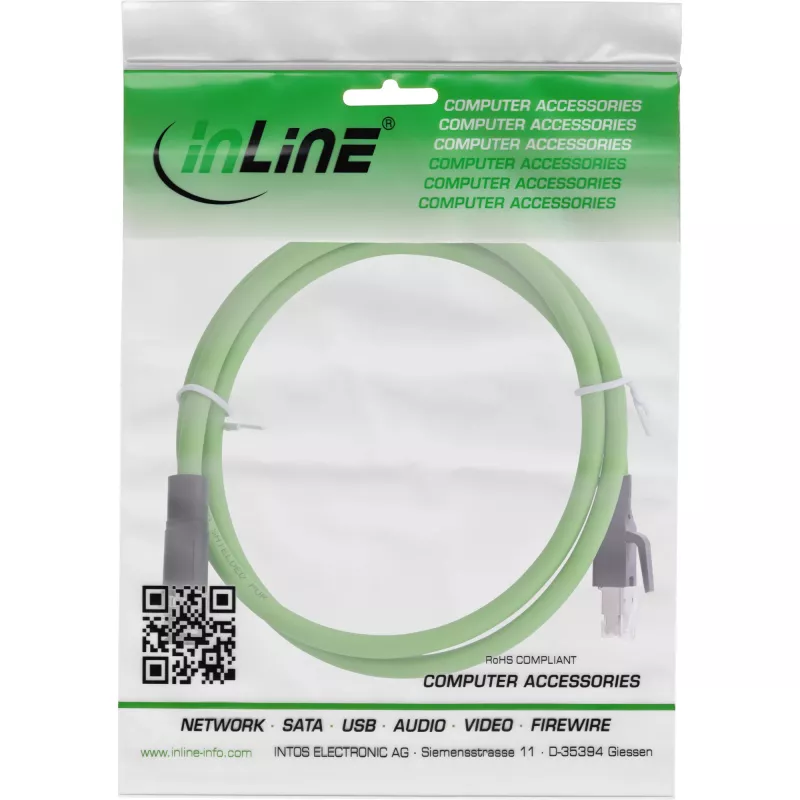 InLine pramoninis tinklo kabelis, M12 4 kontaktų D koduotas kištukas į RJ45, PUR 15 m