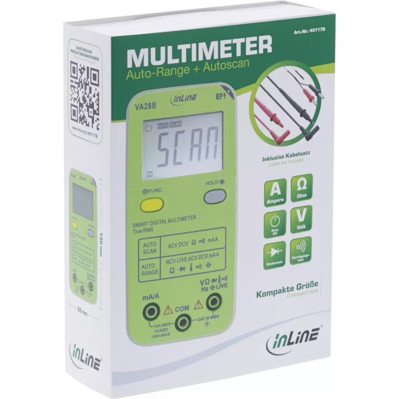 Multimetras InLine 43117B kišeninis su automatiniu diapazonu, automatiniu nuskaitymu, LCD 44×30 mm, AAA baterija