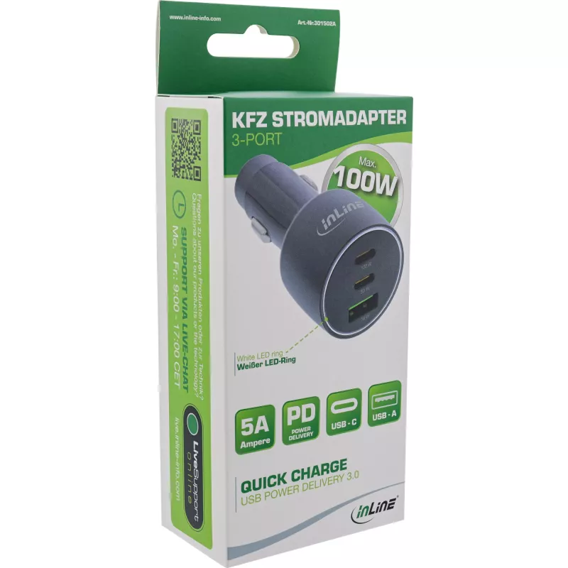 InLine automobilinis USB įkroviklis su Power Delivery, 2x USB-C + QC USB-A, juodas