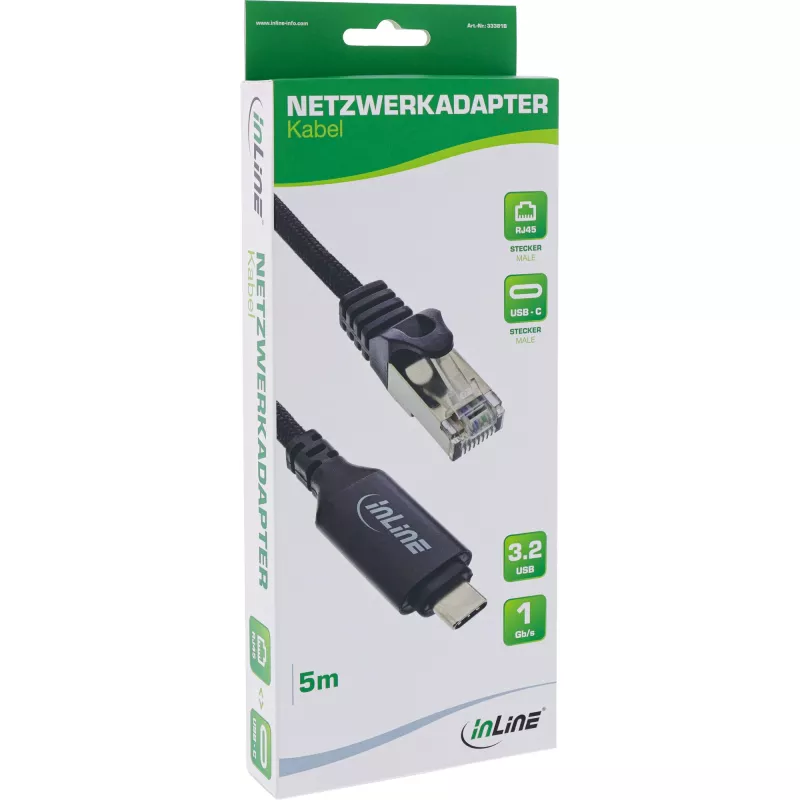 InLine 33381B USB-C į RJ45 Gigabit tinklo laidas 5m Juodas