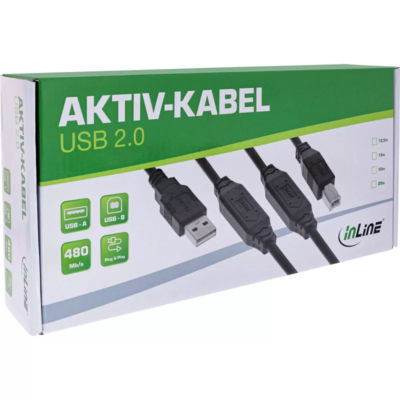 InLine USB 2.0 aktyvus laidas, USB-A kištukas į USB-B kištuką, 25 m