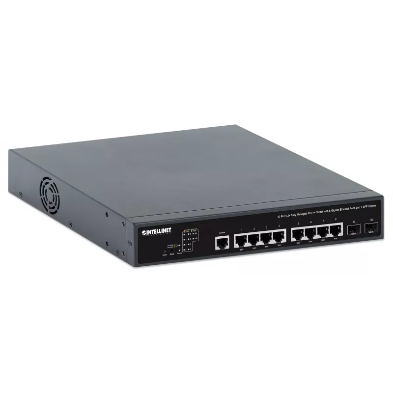 Intellinet 10 prievadų L2+ pilnai valdomas PoE++ jungiklis su 8 Gigabit eterneto prievadais ir 2 SFP jungtimis