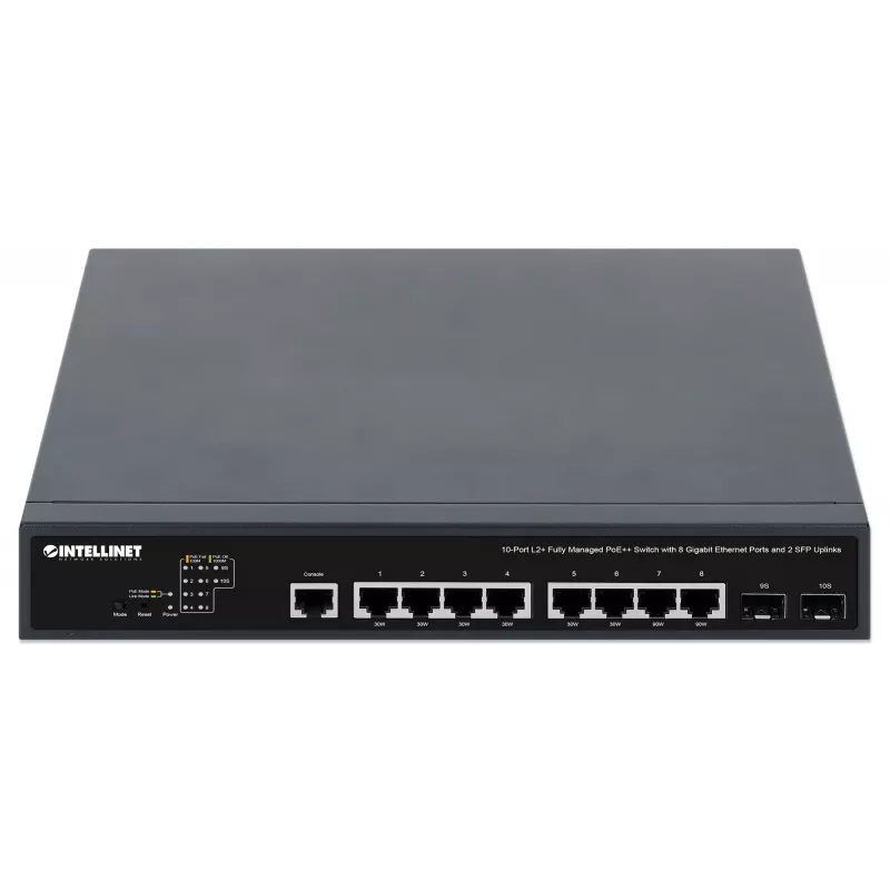 Intellinet 10 prievadų L2+ pilnai valdomas PoE++ jungiklis su 8 Gigabit eterneto prievadais ir 2 SFP jungtimis